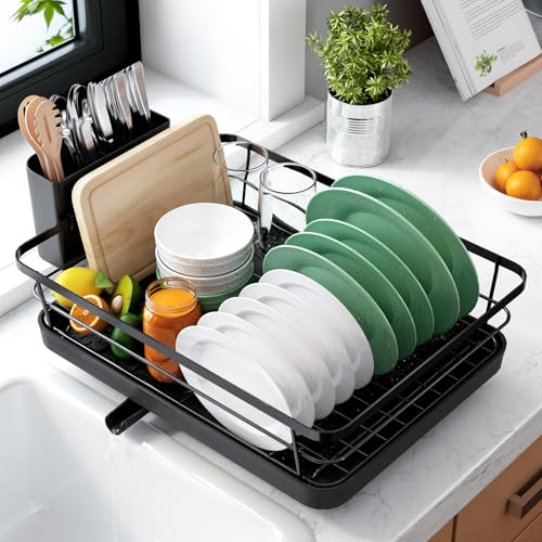 Kitsure Dish Drying Rack for Kitchen Counter, Stainless Steel Sink Organization and Storage Essentials with Cutlery Holder, Home and Appartment Decor, 12''W x 15.5''L, Black - My Kitchen Products
