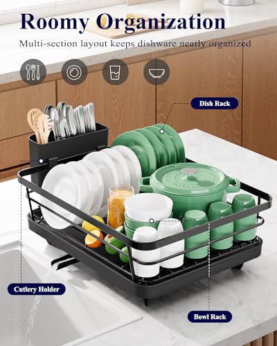 Kitsure Dish Drying Rack for Kitchen Counter, Stainless Steel Sink Organization and Storage Essentials with Cutlery Holder, Home and Appartment Decor, 12''W x 15.5''L, Black - My Kitchen Products