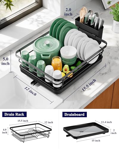 Kitsure Dish Drying Rack for Kitchen Counter, Stainless Steel Sink Organization and Storage Essentials with Cutlery Holder, Home and Appartment Decor, 12''W x 15.5''L, Black - My Kitchen Products