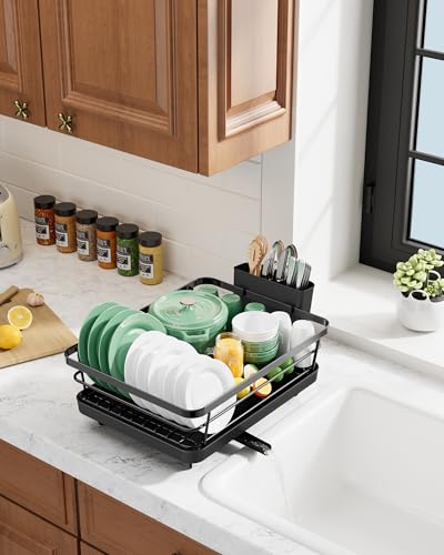 Kitsure Dish Drying Rack for Kitchen Counter, Stainless Steel Sink Organization and Storage Essentials with Cutlery Holder, Home and Appartment Decor, 12''W x 15.5''L, Black - My Kitchen Products