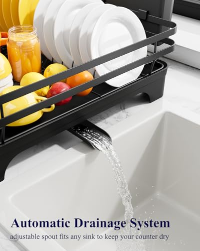 Kitsure Dish Drying Rack - Multi-Functional Dish Rack for Kitchen Counter with Cutlery Holder, Rust-Proof Storage Solution with Rotatable, 15.7" x 12.0" x 5.5", Black - My Kitchen Products