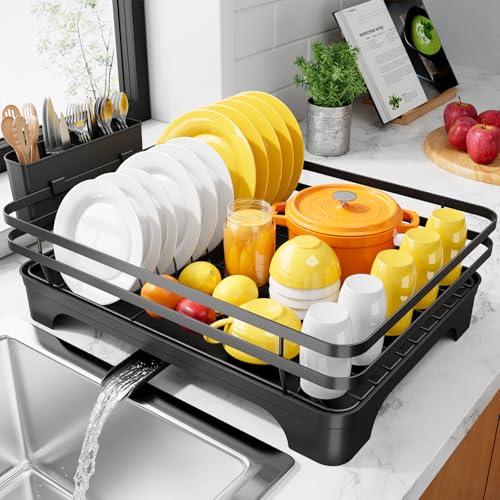 Kitsure Dish Drying Rack - Multi-Functional Dish Rack for Kitchen Counter with Cutlery Holder, Rust-Proof Storage Solution with Rotatable, 15.7" x 12.0" x 5.5", Black - My Kitchen Products