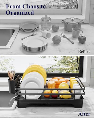 Kitsure Dish Drying Rack - Multi-Functional Dish Rack for Kitchen Counter with Cutlery Holder, Rust-Proof Storage Solution with Rotatable, 15.7" x 12.0" x 5.5", Black - My Kitchen Products
