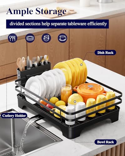 Kitsure Dish Drying Rack - Multi-Functional Dish Rack for Kitchen Counter with Cutlery Holder, Rust-Proof Storage Solution with Rotatable, 15.7" x 12.0" x 5.5", Black - My Kitchen Products