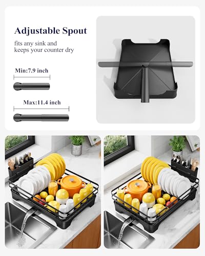 Kitsure Dish Drying Rack - Multi-Functional Dish Rack for Kitchen Counter with Cutlery Holder, Rust-Proof Storage Solution with Rotatable, 15.7" x 12.0" x 5.5", Black - My Kitchen Products