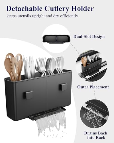 Kitsure Dish Drying Rack - Multi-Functional Dish Rack for Kitchen Counter with Cutlery Holder, Rust-Proof Storage Solution with Rotatable, 15.7" x 12.0" x 5.5", Black - My Kitchen Products