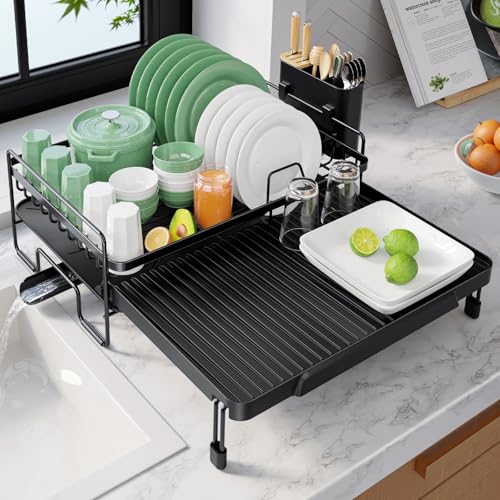 Kitsure Extendable Dish Drying Rack - Adjustable Length 12.8"–21.0", Auto-Draining Dish Rack for Kitchen Counter, Rust-Resistant Metal Frame Over-Sink Support for Plates, Bowls & Utensils, Black - My Kitchen Products