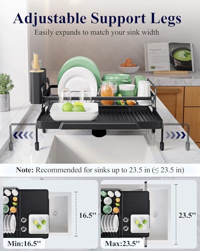 Kitsure Extendable Dish Drying Rack - Adjustable Length 12.8"–21.0", Auto-Draining Dish Rack for Kitchen Counter, Rust-Resistant Metal Frame Over-Sink Support for Plates, Bowls & Utensils, Black - My Kitchen Products