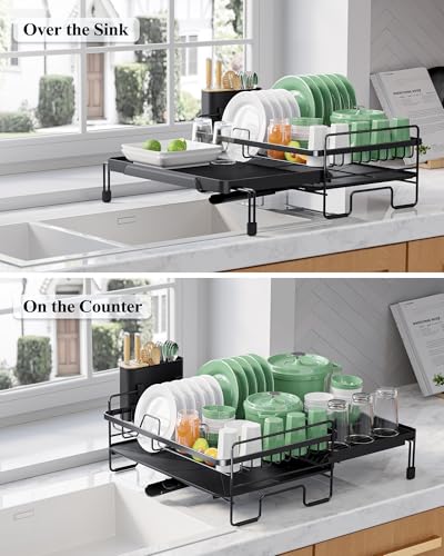 Kitsure Extendable Dish Drying Rack - Adjustable Length 12.8"–21.0", Auto-Draining Dish Rack for Kitchen Counter, Rust-Resistant Metal Frame Over-Sink Support for Plates, Bowls & Utensils, Black - My Kitchen Products