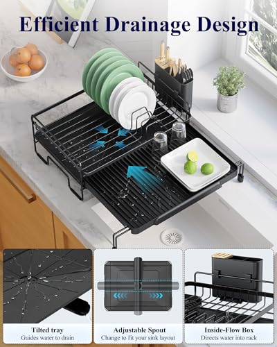 Kitsure Extendable Dish Drying Rack - Adjustable Length 12.8"–21.0", Auto-Draining Dish Rack for Kitchen Counter, Rust-Resistant Metal Frame Over-Sink Support for Plates, Bowls & Utensils, Black - My Kitchen Products