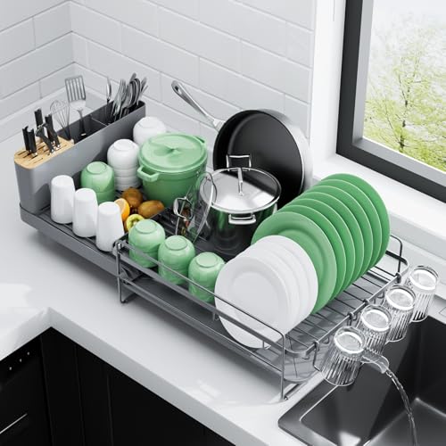Kitsure Extendable Dish Drying Rack, Large Drying Dish Rack with Cutlery & Cup Holders, Multifunctional Dish Racks for Counter with Drainage, 18.2"-25.7" L x 12.9" W, Grey - My Kitchen Products