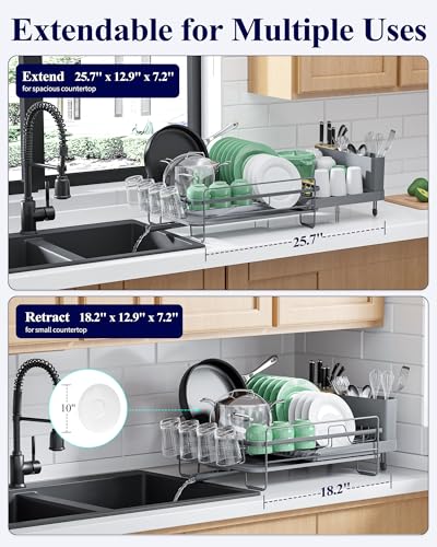 Kitsure Extendable Dish Drying Rack, Large Drying Dish Rack with Cutlery & Cup Holders, Multifunctional Dish Racks for Counter with Drainage, 18.2"-25.7" L x 12.9" W, Grey - My Kitchen Products