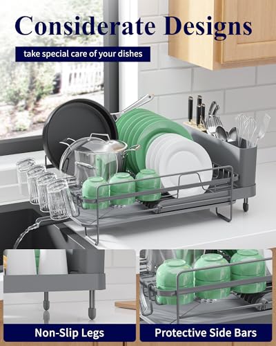Kitsure Extendable Dish Drying Rack, Large Drying Dish Rack with Cutlery & Cup Holders, Multifunctional Dish Racks for Counter with Drainage, 18.2"-25.7" L x 12.9" W, Grey - My Kitchen Products