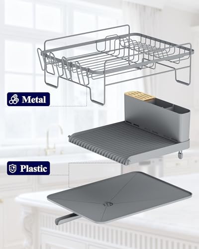 Kitsure Extendable Dish Drying Rack, Large Drying Dish Rack with Cutlery & Cup Holders, Multifunctional Dish Racks for Counter with Drainage, 18.2"-25.7" L x 12.9" W, Grey - My Kitchen Products