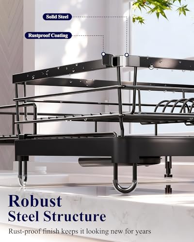 Kitsure Extendable Dish Drying Rack - Rust-Resistant Dish Racks for Kitchen Counter with Adjustable Support Legs, Cutlery Holder & Removable Draining Tray (Black, 15.6''-25.2''L × 16.9''W × 8.1''H) - My Kitchen Products