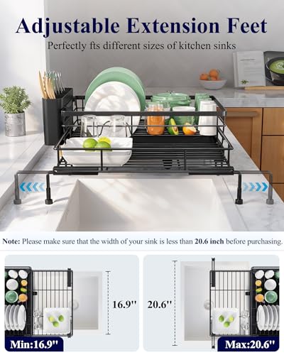 Kitsure Extendable Dish Drying Rack - Rust-Resistant Dish Racks for Kitchen Counter with Adjustable Support Legs, Cutlery Holder & Removable Draining Tray (Black, 15.6''-25.2''L × 16.9''W × 8.1''H) - My Kitchen Products