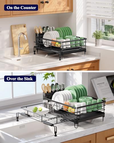 Kitsure Extendable Dish Drying Rack - Rust-Resistant Dish Racks for Kitchen Counter with Adjustable Support Legs, Cutlery Holder & Removable Draining Tray (Black, 15.6''-25.2''L × 16.9''W × 8.1''H) - My Kitchen Products