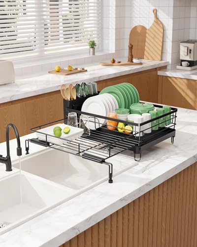 Kitsure Extendable Dish Drying Rack - Rust-Resistant Dish Racks for Kitchen Counter with Adjustable Support Legs, Cutlery Holder & Removable Draining Tray (Black, 15.6''-25.2''L × 16.9''W × 8.1''H) - My Kitchen Products