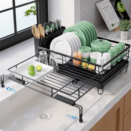 Kitsure Extendable Dish Drying Rack - Rust-Resistant Dish Racks for Kitchen Counter with Adjustable Support Legs, Cutlery Holder & Removable Draining Tray (Black, 15.6''-25.2''L × 16.9''W × 8.1''H) - My Kitchen Products