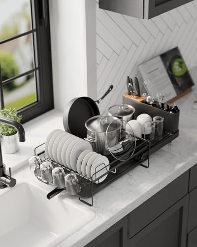 Kitsure Large Dish Drying Rack - Extendable Dish Rack, Multifunctional Dish Rack for Kitchen Counter, Anti-Rust Dish Drainers with Cutlery & Cup Holders 19.2"-26.7" L x 12.9" W, Black - My Kitchen Products
