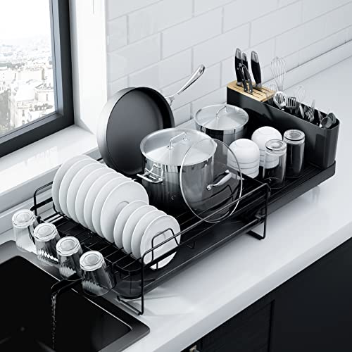 Kitsure Large Dish Drying Rack - Extendable Dish Rack, Multifunctional Dish Rack for Kitchen Counter, Anti-Rust Dish Drainers with Cutlery & Cup Holders 19.2"-26.7" L x 12.9" W, Black - My Kitchen Products