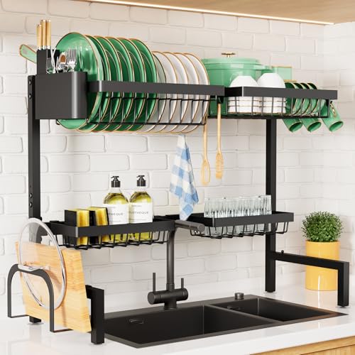 Kitsure Over The Sink Dish Drying Rack - 26.8" to 33.9"x21.5", Adjustable Sink Drying Rack for Kitchen Sink with Large Capacity, 2-Tier Dish Rack Over Sink with Multifunctional Baskets, Black - My Kitchen Products