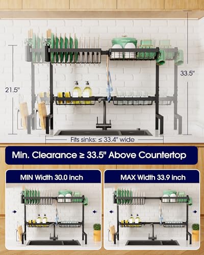 Kitsure Over The Sink Dish Drying Rack - 26.8" to 33.9"x21.5", Adjustable Sink Drying Rack for Kitchen Sink with Large Capacity, 2-Tier Dish Rack Over Sink with Multifunctional Baskets, Black - My Kitchen Products