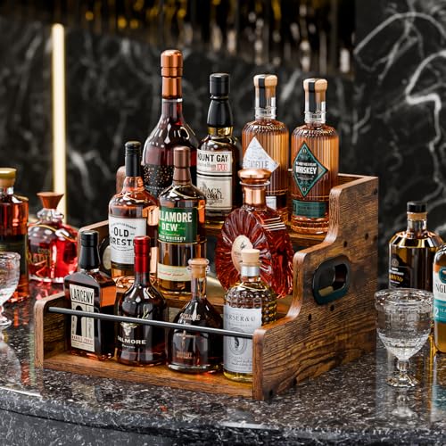 KLM Liquor Bottle Display Shelf, Coffee Syrup Rack Organizer, 3 Step Countertop Liquor Wine Rack, mini bar,liquor cabinet, Home Retro Bar Shelf Stand for Liquor Whiskey, Spirits - My Kitchen Products