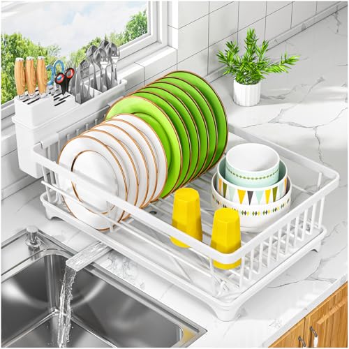 Kmiectse Dish Drying Rack - Space-Saving Small Dish Rack for Kitchen Counter, Rust-Resistant Kitchen Drying Rack, Compact Dish Drainer Organizer with Utensil Holder for Home Kitchen, White - My Kitchen Products