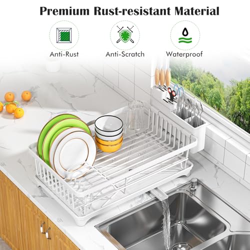 Kmiectse Dish Drying Rack - Space-Saving Small Dish Rack for Kitchen Counter, Rust-Resistant Kitchen Drying Rack, Compact Dish Drainer Organizer with Utensil Holder for Home Kitchen, White - My Kitchen Products