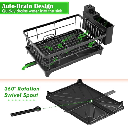 Kmiectse Dish Drying Rack - Space-Saving Small Dish Rack for Kitchen Counter, Rust-Resistant Kitchen Drying Rack, Compact Dish Drainer Organizer with Utensil Holder for Home Kitchen, Black - My Kitchen Products