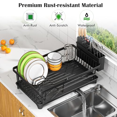 Kmiectse Dish Drying Rack - Space-Saving Small Dish Rack for Kitchen Counter, Rust-Resistant Kitchen Drying Rack, Compact Dish Drainer Organizer with Utensil Holder for Home Kitchen, Black - My Kitchen Products