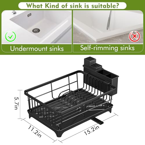 Kmiectse Dish Drying Rack - Space-Saving Small Dish Rack for Kitchen Counter, Rust-Resistant Kitchen Drying Rack, Compact Dish Drainer Organizer with Utensil Holder for Home Kitchen, Black - My Kitchen Products