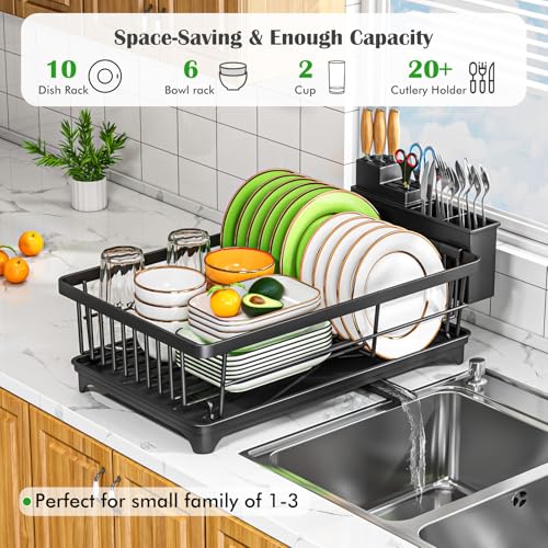 Kmiectse Dish Drying Rack - Space-Saving Small Dish Rack for Kitchen Counter, Rust-Resistant Kitchen Drying Rack, Compact Dish Drainer Organizer with Utensil Holder for Home Kitchen, Black - My Kitchen Products