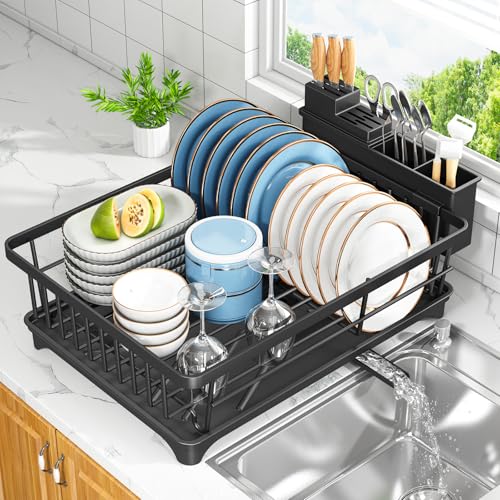 Kmiectse Dish Drying Rack - Space-Saving Small Dish Rack for Kitchen Counter, Rust-Resistant Kitchen Drying Rack, Compact Dish Drainer Organizer with Utensil Holder for Home Kitchen, Black - My Kitchen Products