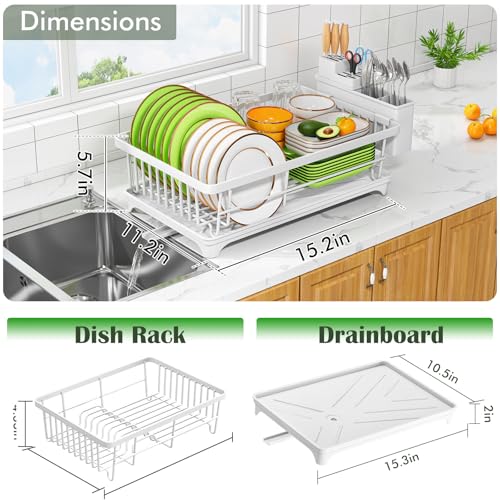 Kmiectse Dish Drying Rack - Space-Saving Small Dish Rack for Kitchen Counter, Rust-Resistant Kitchen Drying Rack, Compact Dish Drainer Organizer with Utensil Holder for Home Kitchen, White - My Kitchen Products