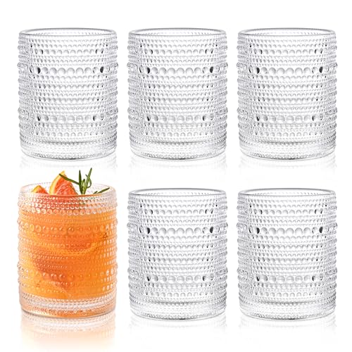 KMIGRUAN Hobnail Drinking Glasses Set of 6,12oz Vintage Glassware Embossed Vintage Water Cups Cocktail Glasses Juice Glasses