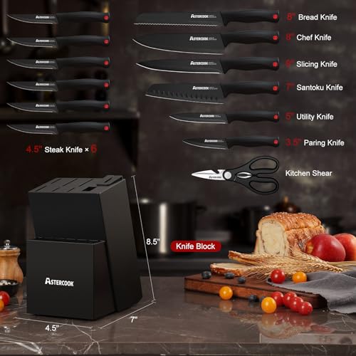 Knife Set, Astercook 15 Pieces Knife Sets for Kitchen with Block, Dishwasher Safe Kitchen Knife Set with Built in Sharpener Block, German Stainless Steel Kitchen Utensils Set - My Kitchen Products