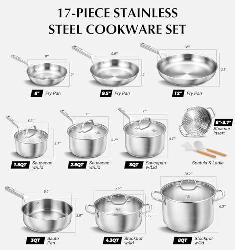 KOCH SYSTEME CS Stainless Steel Cookware Set 17 Piece, Professional 18/10 Stianless Steel Pots and Pans Set, 5-Layer Stainless Base, Oven Safe, Induction Ready, Non-Toxic Kitchen Cookware Set - My Kitchen Products