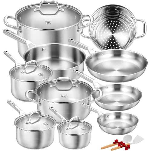 KOCH SYSTEME CS Stainless Steel Cookware Set 17 Piece, Professional 18/10 Stianless Steel Pots and Pans Set, 5-Layer Stainless Base, Oven Safe, Induction Ready, Non-Toxic Kitchen Cookware Set - My Kitchen Products
