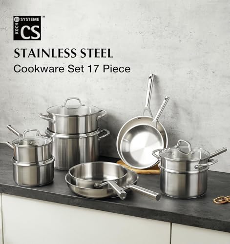 KOCH SYSTEME CS Stainless Steel Cookware Set 17 Piece, Professional 18/10 Stianless Steel Pots and Pans Set, 5-Layer Stainless Base, Oven Safe, Induction Ready, Non-Toxic Kitchen Cookware Set - My Kitchen Products