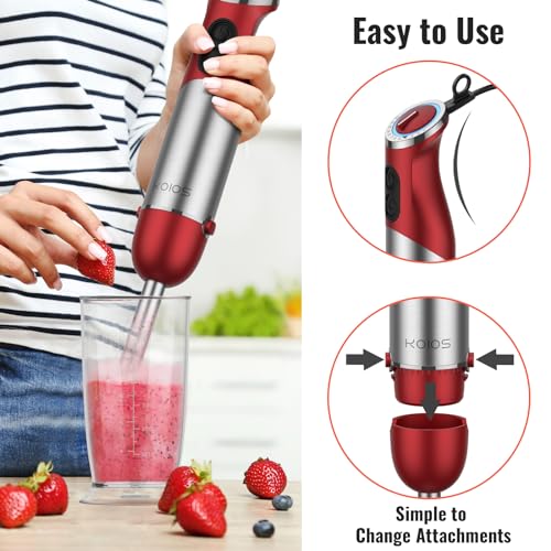 KOIOS 5-in-1 Hand Immersion Blender, 1000W 12 Speed Handheld Blender Stick with Copper Motor Stainless Steel Blade, 600ml Mixing Beaker,500ml Food Processor, Whisk, Milk Frother, Non-BPA, Red - My Kitchen Products