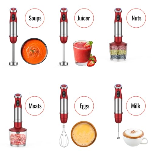 KOIOS 5-in-1 Hand Immersion Blender, 1000W 12 Speed Handheld Blender Stick with Copper Motor Stainless Steel Blade, 600ml Mixing Beaker,500ml Food Processor, Whisk, Milk Frother, Non-BPA, Red - My Kitchen Products