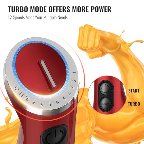 KOIOS 5-in-1 Hand Immersion Blender, 1000W 12 Speed Handheld Blender Stick with Copper Motor Stainless Steel Blade, 600ml Mixing Beaker,500ml Food Processor, Whisk, Milk Frother, Non-BPA, Red - My Kitchen Products