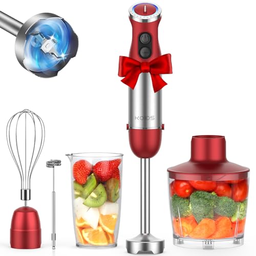 KOIOS 5-in-1 Hand Immersion Blender, 1000W 12 Speed Handheld Blender Stick with Copper Motor Stainless Steel Blade, 600ml Mixing Beaker,500ml Food Processor, Whisk, Milk Frother, Non-BPA, Red - My Kitchen Products