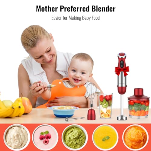 KOIOS 5-in-1 Hand Immersion Blender, 1000W 12 Speed Handheld Blender Stick with Copper Motor Stainless Steel Blade, 600ml Mixing Beaker,500ml Food Processor, Whisk, Milk Frother, Non-BPA, Red - My Kitchen Products