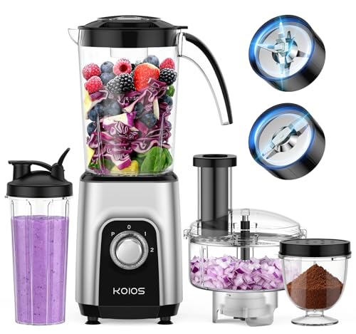 KOIOS Blender/Food Processor Combo Max 1000W, 4 in 1 34oz Pitcher, 22oz Blending Cup, Meat Grinder & Vegetable