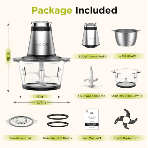 KOIOS Food Processor, 500W Electric Food Chopper with 2 Bowls (8 Cup+8 Cup) & 2 Bi-Level Blades&, Small Electric Grinder Meat Processor for Nuts, Meat, Onion, Garlic, Baby Food, Black - My Kitchen Products