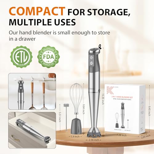 KOIOS Immersion Blender, 1000W Anti-scratch 3-in-1 Hand Blender, Upgraded 12 Speed Stainless Steel Blade Stick Blenders with Turbo Mode, Whisk and Milk Frother, Non-BPA - My Kitchen Products