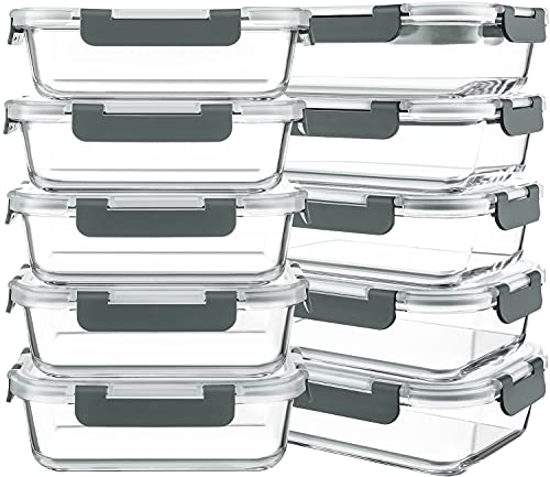 KOMUEE 10 Packs 30 oz Glass Meal Prep Containers,Glass Food Storage Containers with Lids,Airtight Lunch Bento Boxes,Microwave,Freezer and Dishwasher,Gray - My Kitchen Products